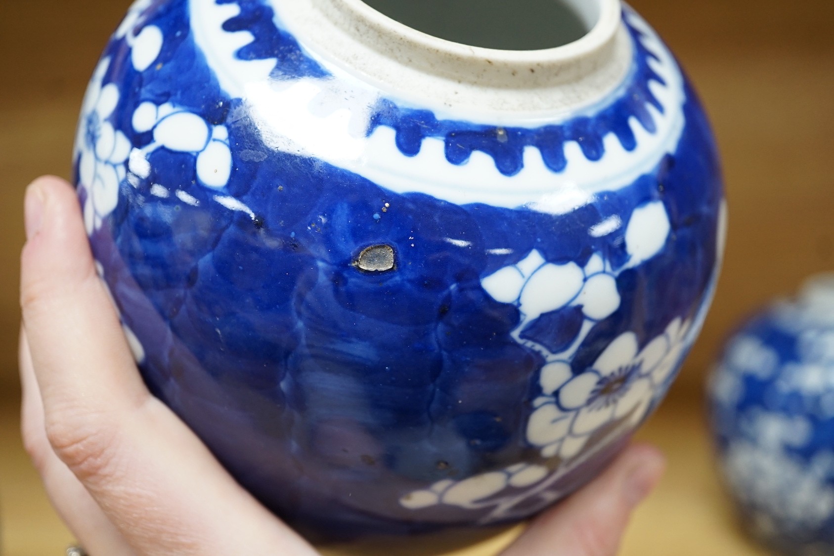 Four Chinese blue and white ‘prunus’ jars, tallest 14cms high